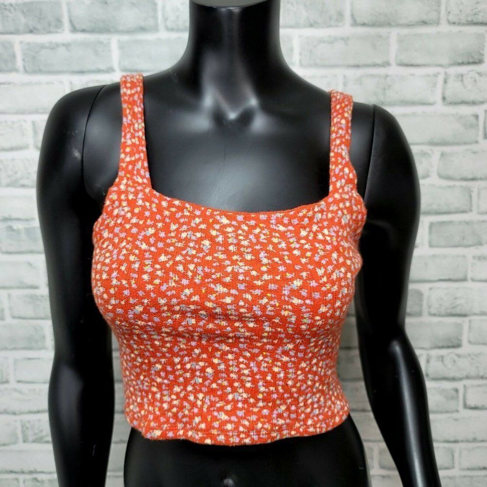American Eagle Womens XS Orange Knit Ribbed Floralโ Crop Top Cottagecore